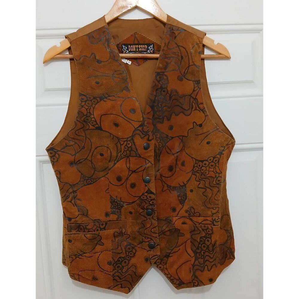 Don't stop 90's vintage womens medium 100% leather vest  rust art wear cowboy